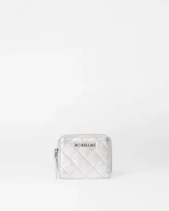 MZ Wallace Accessories|Small Zip Round Wallet SilverMetallicLeather